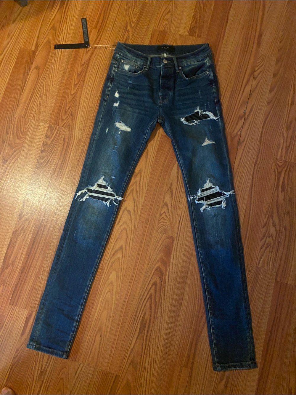 AMIRI Dark Blue Distressed Slim Jeans